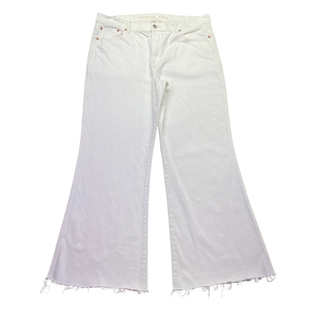 American Eagle Low Rise Baggy Flare White Jeans Raw Hem Size 14 Regular